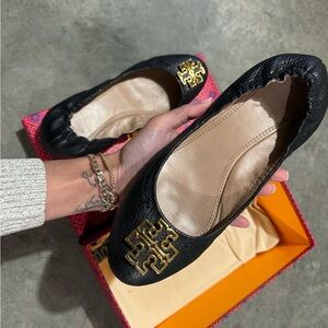 Tory Burch Black Leather Flats with Gold Emblem